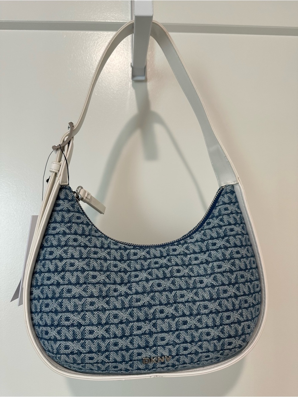DKNY Blue Logo Hilda Denim Shoulder Bag with White Trim